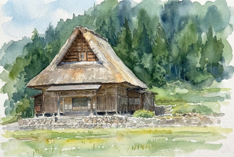 森と田んぼに囲まれた茅葺き屋根の古民家の水彩イラスト
