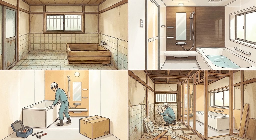 築古住宅の浴室リフォーム比較イラスト。在来工法（左上）からユニットバス（右上）への変更は、単純なユニットバス交換工事（左下）と比べて、解体や木工事など大掛かりな工事（右下）が必要となり、費用が高額になる理由を視覚的に示している