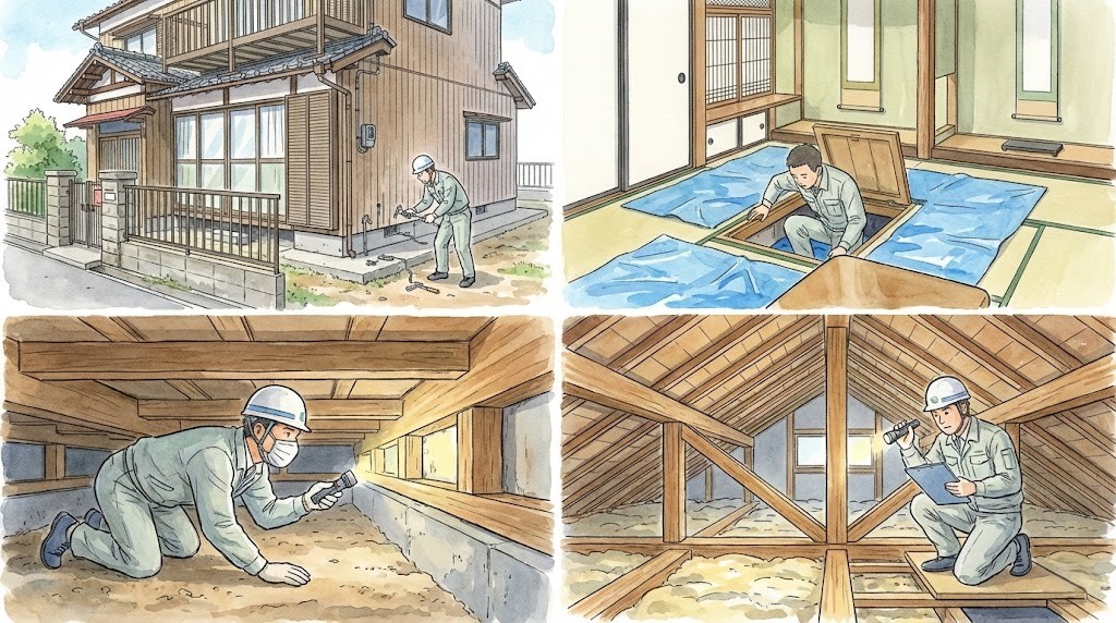 築40年程度の木造戸建て住宅で行われる耐震診断の様子を描いた4分割の水彩イラスト。左上は基礎や外壁の外部調査、右上は和室の点検口から床下への進入、左下は床下での基礎・木部の確認、右下は小屋裏（天井裏）での構造材確認作業を、ヘルメット姿の専門家が行っている