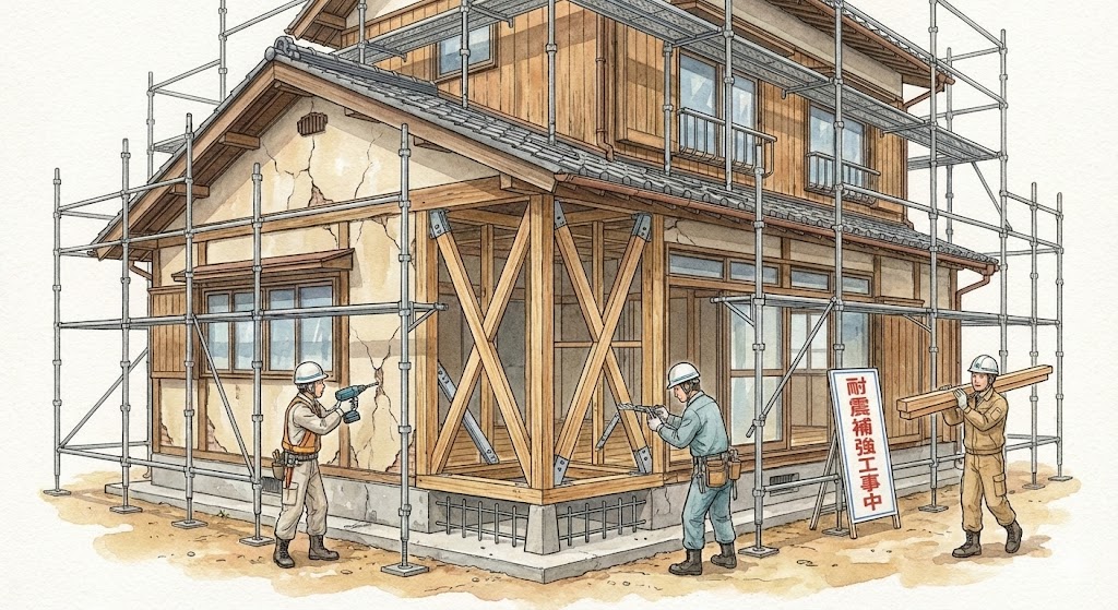 足場が組まれた古い木造日本家屋で、複数の作業員が壁に筋交いや金物を追加して耐震補強工事を行っている様子を描いた水彩画風のイラスト。「耐震補強工事中」と書かれた看板が立てられている