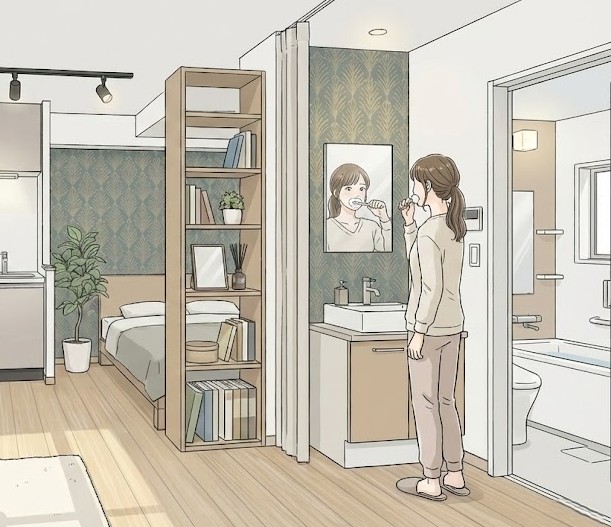 ワンルームをリノベーションし、新しい洗面台で歯磨きをしている女性