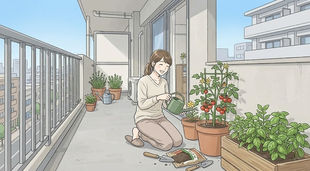 女性が住んでいるワンルームのマンションのベランダでミニ菜園をしている様子