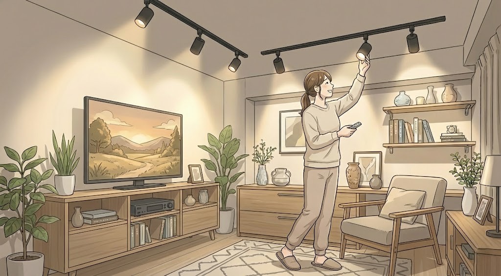 ライティングレールを設置しシーリングスポットライトの照明を取り入れ、ショップのディスプレイのようなおしゃれな空間を演出している様子