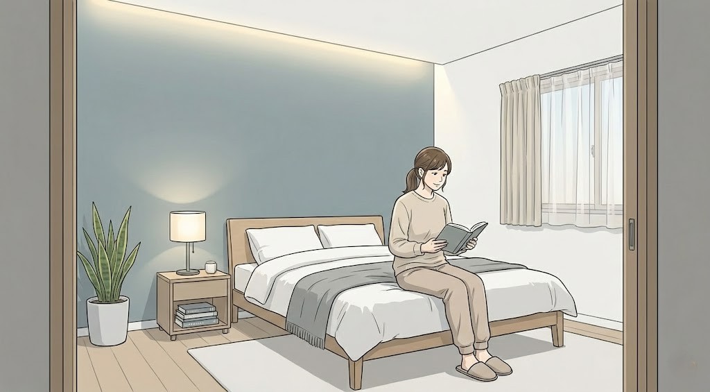 部屋のクロスは寒色系のアクセントクロスで、奥行きのある空間を演出した寝室