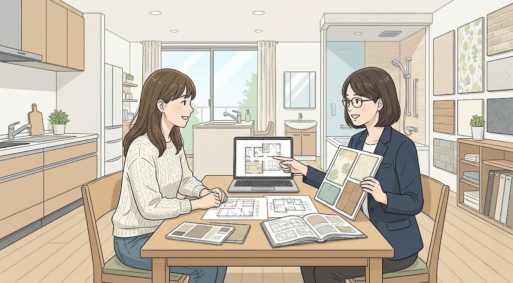 女性がワンルームのマンションリフォームを依頼する際に、リフォーム業者と打合せをしているイラスト