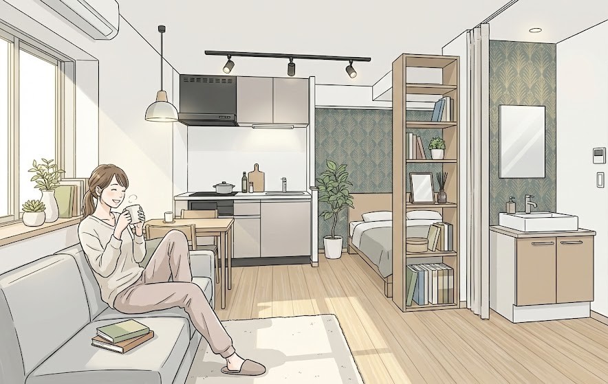 リノベーションしたおしゃれな30㎡ワンルームでコーヒーを飲む女性