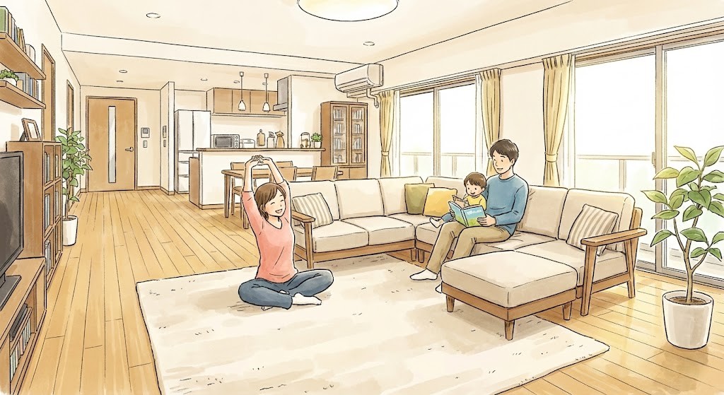 マンションを2LDKにリノベーションして、リビングでのびのびとくつろぐ3人家族のイラスト