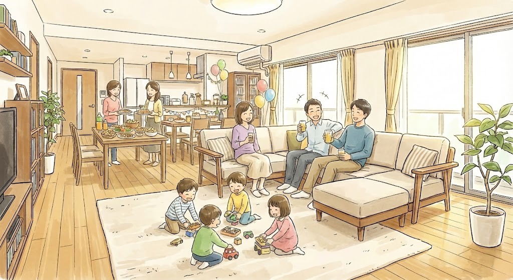 リビングにママの友人家族（夫婦＋子供2人）が遊びにきて、ホームパーティをしている様子