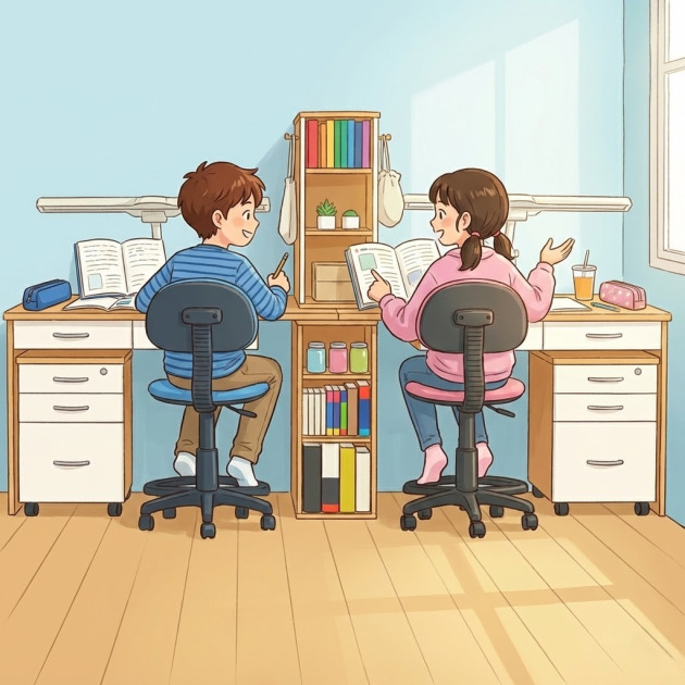2人の子供がこのデスクに座って勉強しながら話しているイラスト