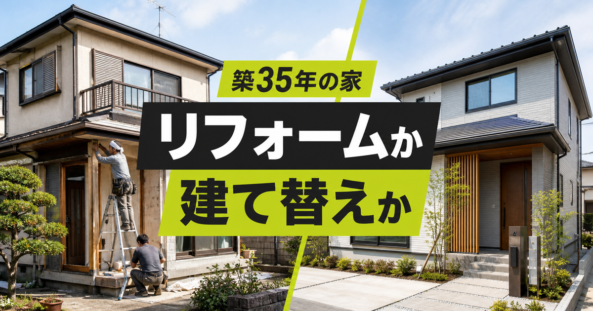 「築35年の家 リフォームか建て替えか」の文字と、改修作業中の住宅と新しい戸建て住宅