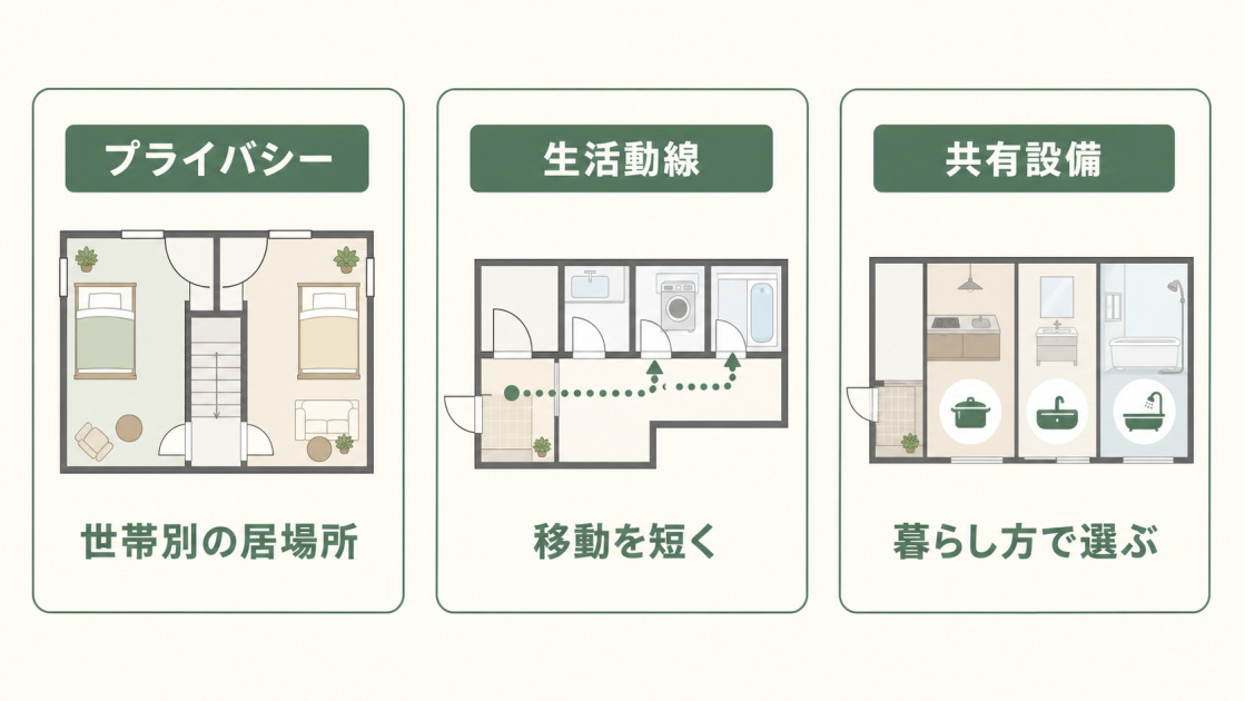 世帯別の居場所でプライバシーを確保し、生活動線を短くし、共有設備を暮らし方に合わせて選ぶ3つの設計ポイントを示した図解