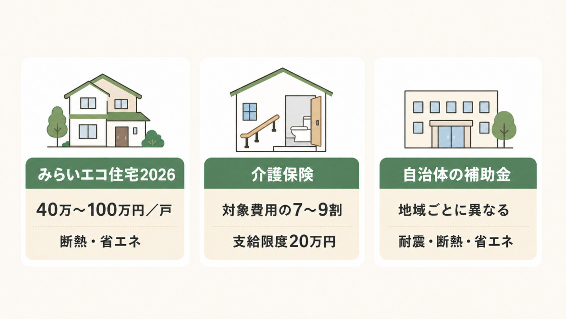 みらいエコ住宅2026は1戸40万〜100万円、介護保険は対象費用の7〜9割で支給限度20万円、自治体の補助金は地域ごとに異なることを示した図解