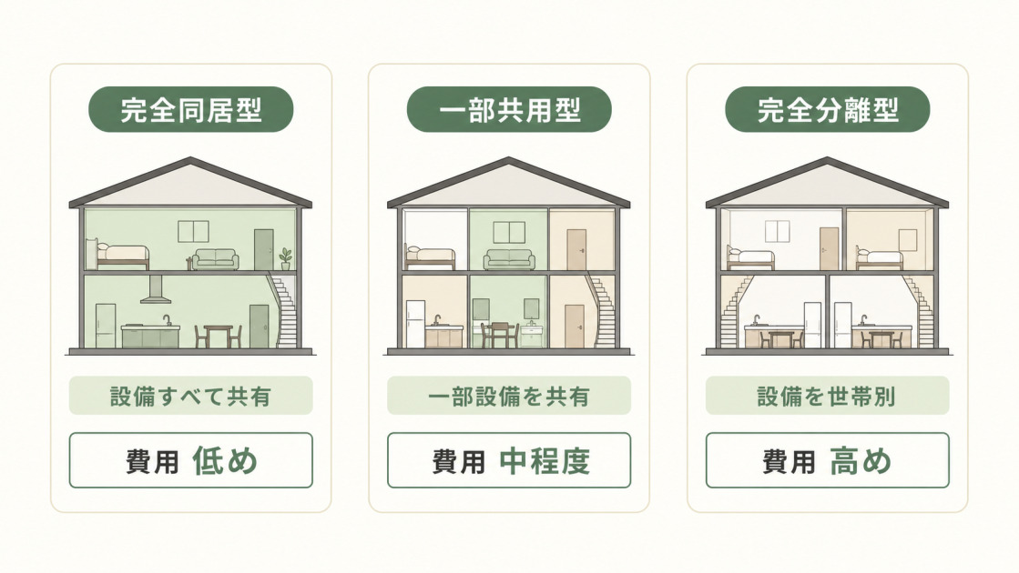 設備をすべて共有する完全同居型、一部設備を共有する一部共用型、設備を世帯別にする完全分離型を費用傾向とともに比較した図解