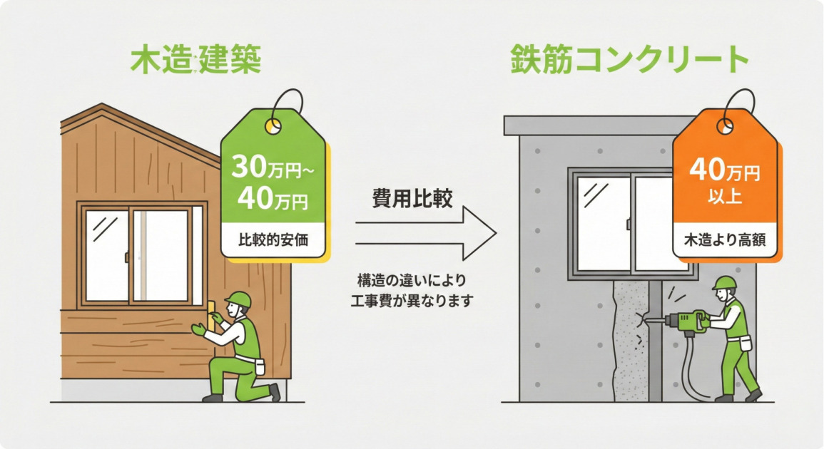 木造建築と鉄筋コンクリートのリフォーム費用を比較するインフォグラフィック画像です。左側には「木造建築」の見出しの下に木造住宅のイラストと作業員が描かれ、緑色のタグに「30万円〜40万円」「比較的安価」と表示されています。右側には「鉄筋コンクリート」の見出しの下にコンクリートの建物のイラストと電動工具を使う作業員が描かれ、オレンジ色のタグに「40万円以上」「木造より高額」と表示されています。中央には「費用比較」という文字と右向きの矢印があり、「構造の違いにより工事費が異なります」という説明文が添えられています。全体的にフラットでクリーンなベクターイラストスタイルを採用し、指定された配色で構成されています。