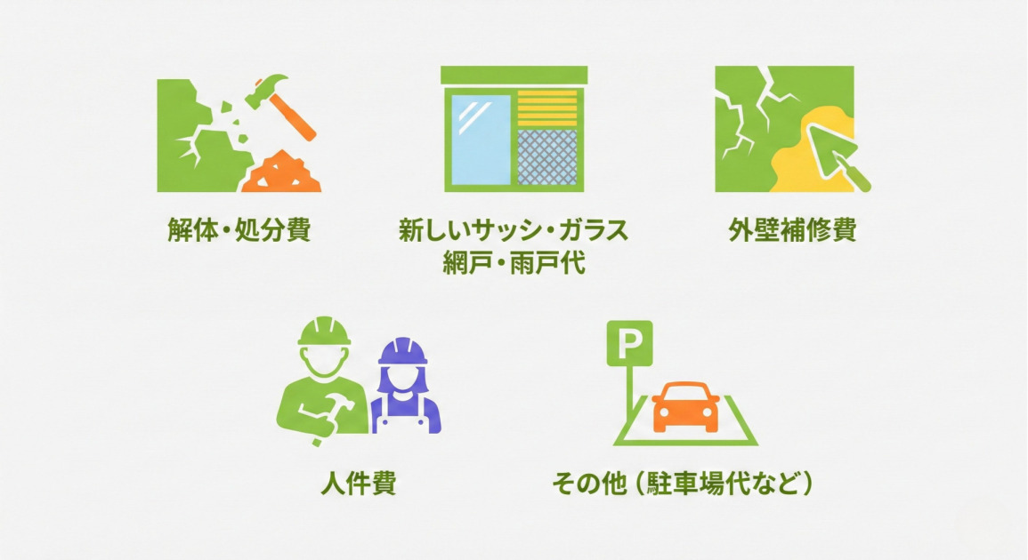 リフォームや工事にかかる5つの主要な費用項目を示すインフォグラフィック画像です。
上段左から、ハンマーで壁を壊すアイコンとともに「解体・処分費」、窓・ガラス・網戸・雨戸のセットのアイコンとともに「新しいサッシ・ガラス・網戸・雨戸代」、ひび割れた壁をコテで補修するアイコンとともに「外壁補修費」が表示されています。
下段左から、ヘルメットをかぶった2人の作業員のアイコンとともに「人件費」、駐車場に停まる車とPマークのアイコンとともに「その他(駐車場代など)」が表示されています。
全体のデザインはフラットなベクターアイコンと、緑、オレンジ、青、黄色をアクセントカラーとしたクリーンなスタイルで統一されています。