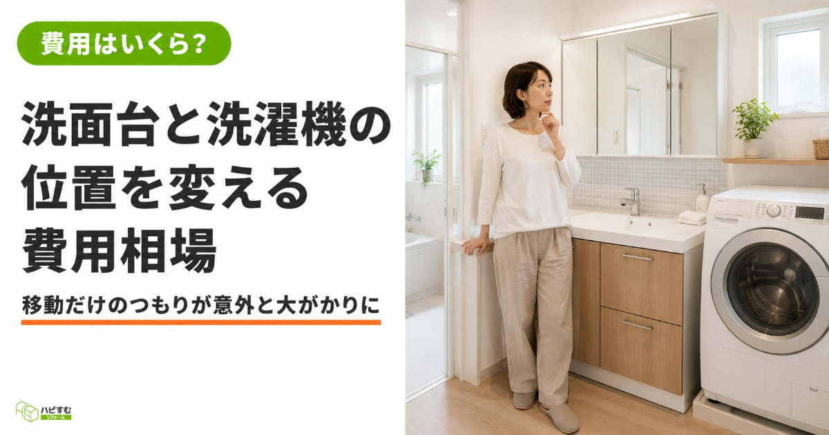 洗面台に手を添えて隣の洗濯機を見やる白トップス姿の30代後半〜40代の日本人女性。タイトル「洗面台と洗濯機の位置を変える費用相場」とサブコピー「移動だけのつもりが意外と大がかりに」を表示したハピすむのサムネ画像。
