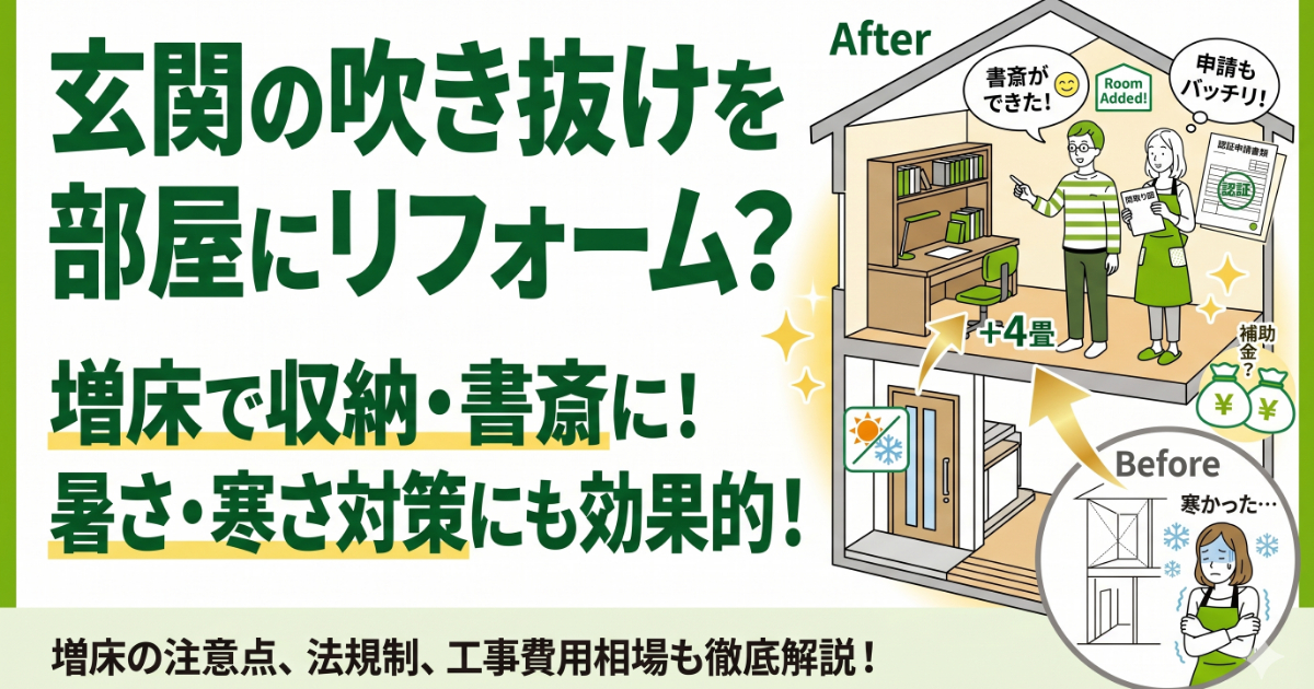 玄関の吹き抜けを部屋にリフォーム？」というタイトルと、吹き抜けを塞いで書斎にする前後の図解が描かれたアイキャッチ画像。暑さ寒さ対策、増床の注意点や費用相場について男女のキャラクターが解説しています。