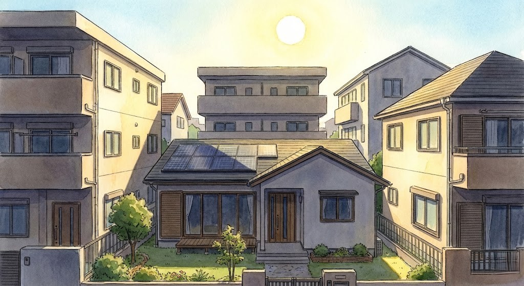 周囲を背の高いマンションや住宅に囲まれ、建物の影が落ちて日当たりが悪くなっている平屋のイラスト。リノベーション時の注意点を示している。