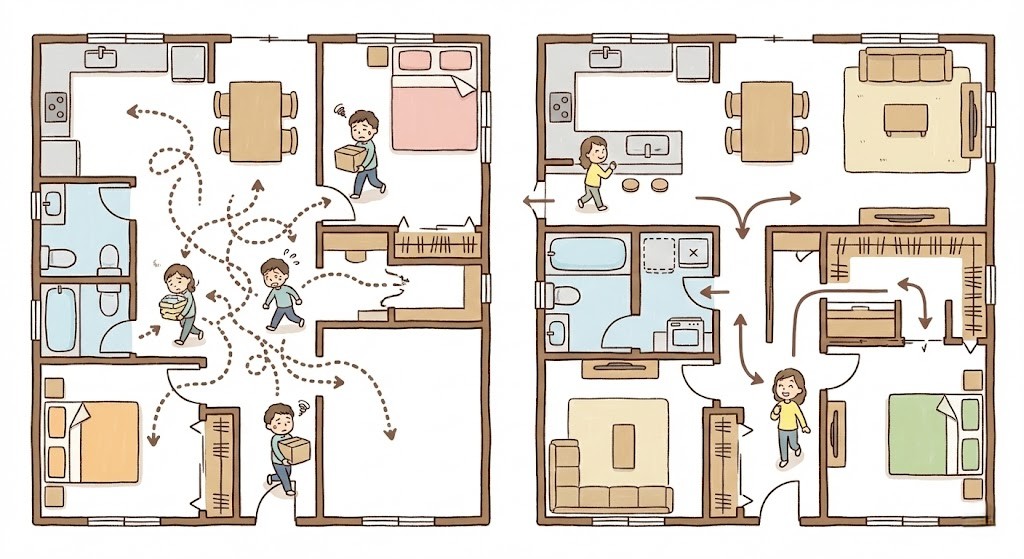 平屋のリノベーションにおける生活動線の比較イラスト。左側は部屋の配置が悪く移動距離が長いため、住人が疲れて混乱している「悪い動線」の例。右側はキッチン、水回り、収納などが効率的に配置され、スムーズに移動できて住人が快適に過ごしている「良い動線」の例。