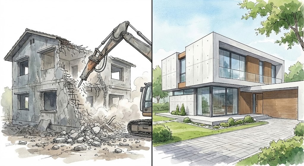 RC造の戸建てを取り壊して建て替えをしたイラスト