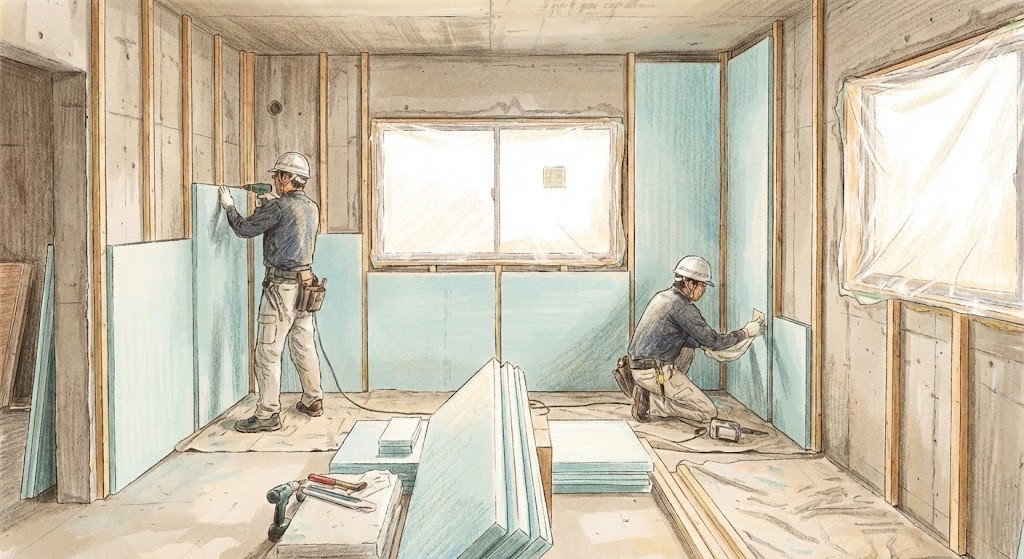 RCの戸建て住宅で、内断熱の施工をしている工事中のイラスト