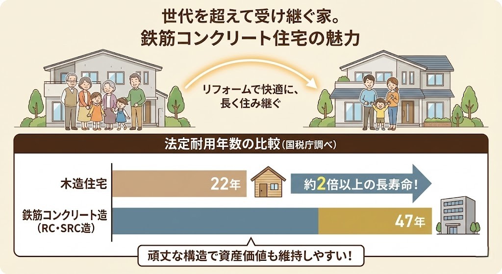 鉄筋コンクリート住宅の法定耐用年数は木造住宅よりも長く設定されていることを表すイラスト
