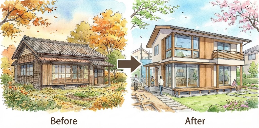 左側は木造平屋の古い建物（Before）、右側は増築された2階建ての住宅（After）を描いた比較イラスト
