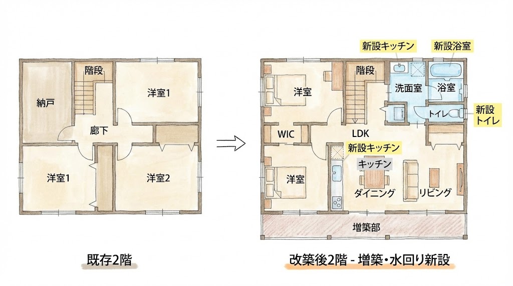 2階増築・水回り新設リフォームのビフォーアフター間取り図