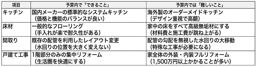 予算1,000万円のリノベーション比較表（マンション対戸建て）。マンションは家全体のフルリノベが可能だが、戸建ては予算オーバーの可能性大（一般的に1,500万円以上）。戸建ては外壁・屋根・耐震などの基礎工事に費用がかかるため、予算内で収めるには『1階のみ』などに工事範囲を限定する対策が必要