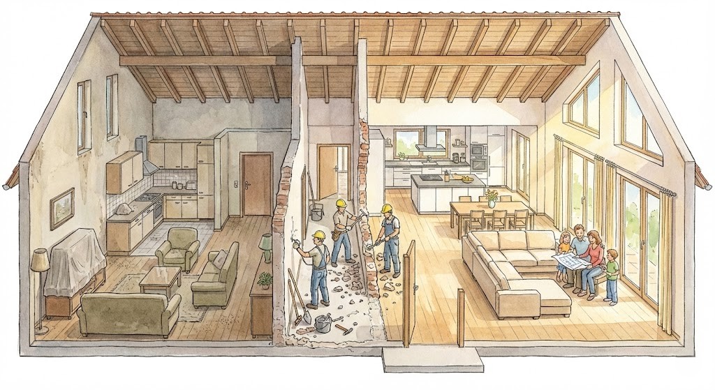 完全分離タイプの二世帯住宅を一世帯住宅へとリフォームしているイラスト