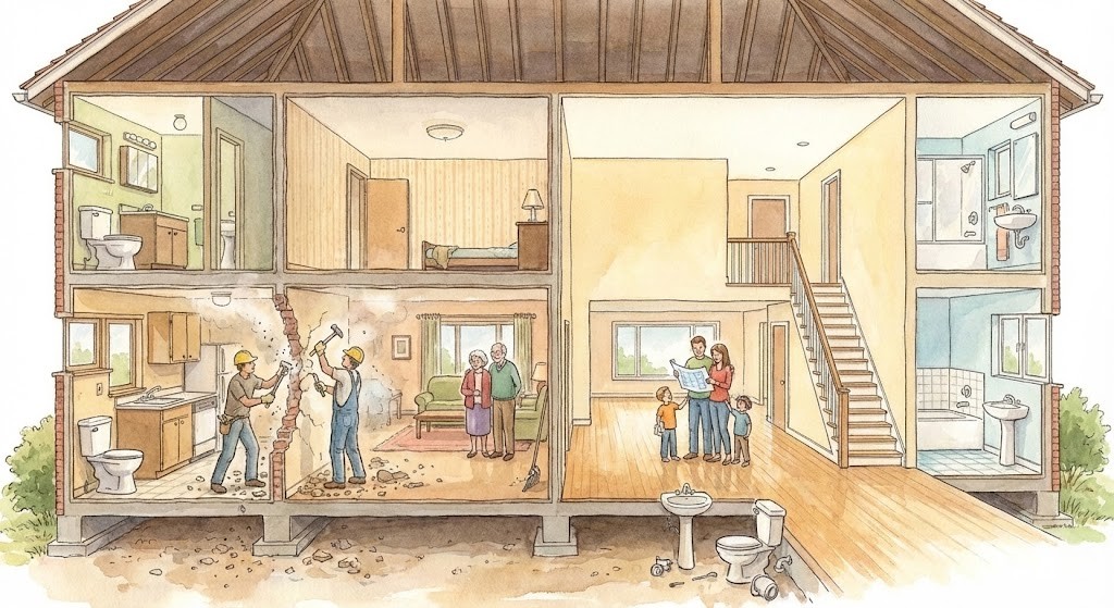 部分共用タイプの二世帯住宅を一世帯住宅へとリフォームしたイラスト