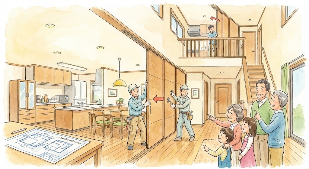 ゆくゆく、2世帯を1世帯に変更出来るように、部分共用型として設計し、間仕切り壁で一世帯・二世帯を切り替えられる構造にしておいたので、大がかりな工事をせずに間取り変更リフォームの調整が出来た家