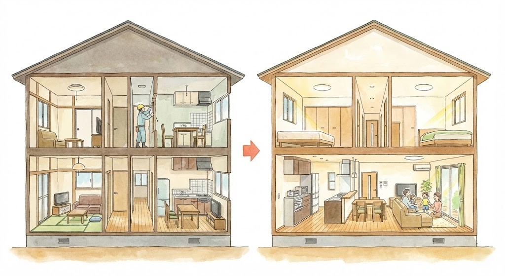 完全同居タイプの二世帯住宅を一世帯住宅へとリフォームした家