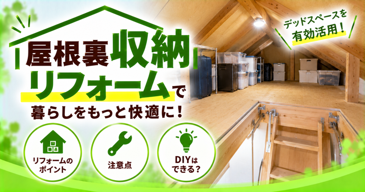 屋根裏収納リフォームについて、デッドスペースを収納として活用する方法やリフォームのポイント、注意点、DIYの可否を解説するサムネイル画像