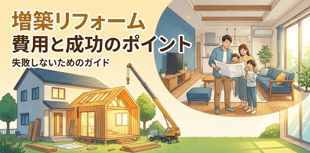 一部屋増やすリフォーム費用や増築・改築の方法を解説した記事のサムネイル。増築リフォームの費用と成功のポイント