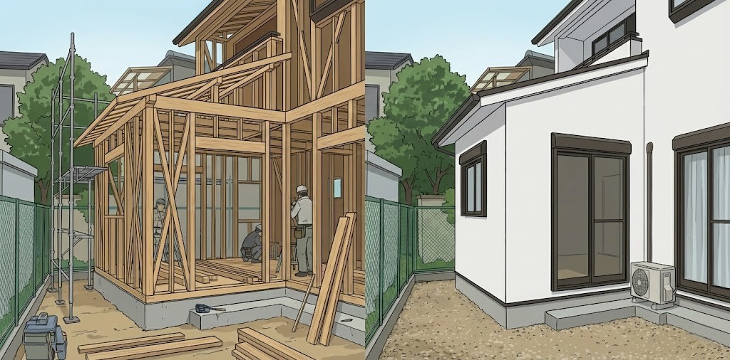 庭のスペースに6畳の部屋を増築している木造の工事風景と、白い外壁の部屋が完成した様子のイラスト