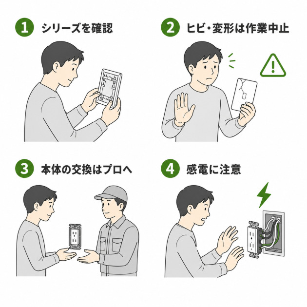 コンセントカバーを交換する際の4つの注意点の図。シリーズの確認、ヒビや変形があれば作業中止、本体の交換はプロへ依頼、感電への注意を番号付きで並べた。