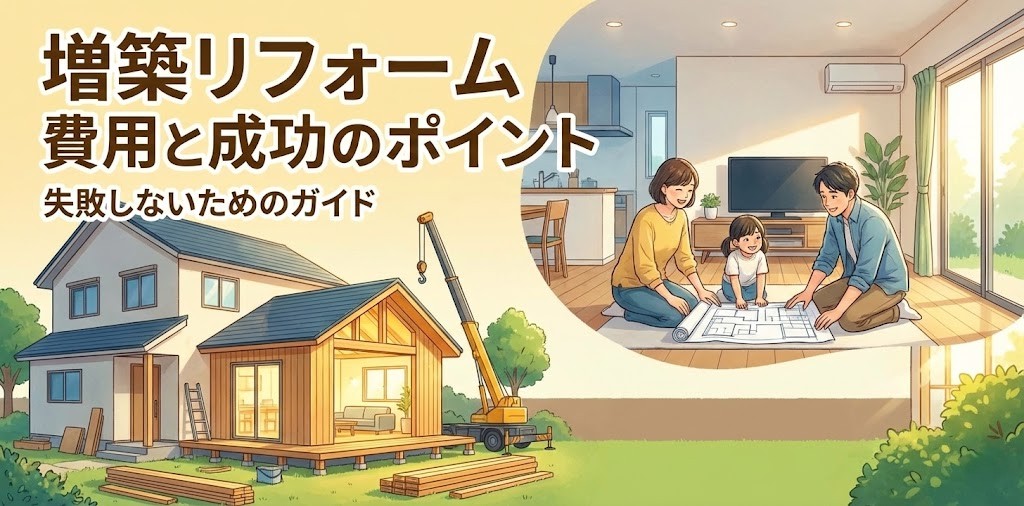 「増築リフォーム 費用と成功のポイント」のサムネイル。左側はクレーンを使った増築工事中の家、右側は完成した部屋で設計図を見る家族のイラスト
