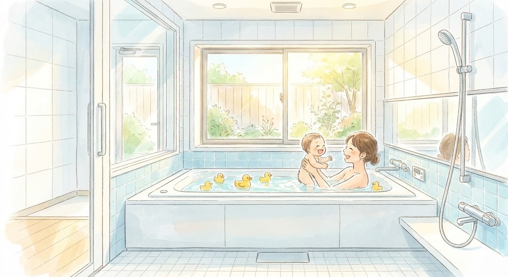 増築で広くなった明るいタイル張りの浴室で、母親と赤ちゃんが笑顔で入浴している水彩画風のイラスト。大きな窓から光が差し込んでいる