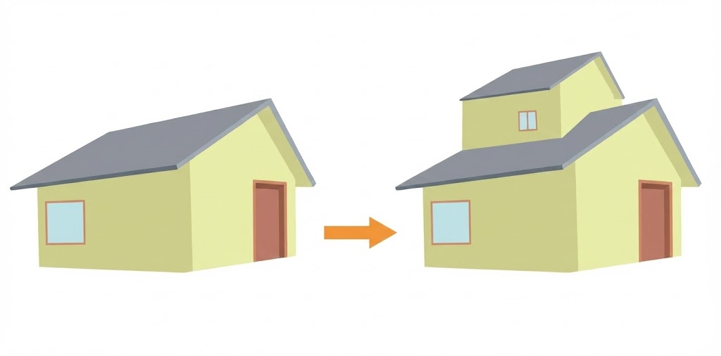 淡い黄緑色の外壁の平屋が、同じ色の2階建てに増築される様子を示すビフォーアフターのイラスト