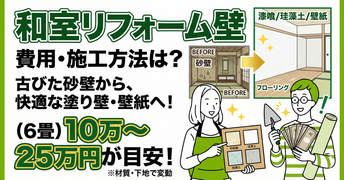 和室の壁リフォームの費用や施工方法を解説するアイキャッチ画像。古い砂壁から快適な塗り壁・壁紙への変更を提案し、6畳で10万〜25万円の費用目安を記載。笑顔で検討する男女と和室のビフォーアフター図が描かれています。