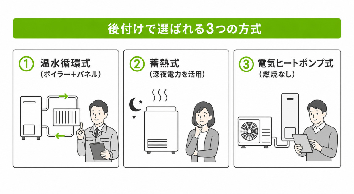 セントラルヒーティング後付けで選ばれる温水循環式・蓄熱式・電気ヒートポンプ式の3方式を並べた比較図