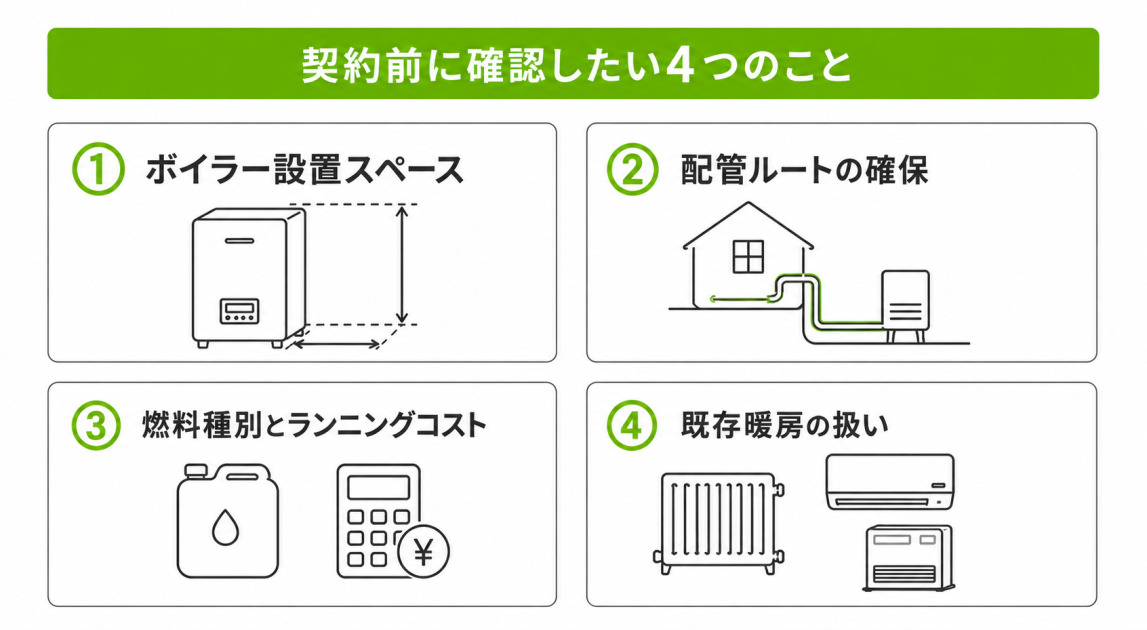 セントラルヒーティング後付け前に確認したいボイラー設置・配管ルート・燃料種別・既存暖房の4チェック項目の図
