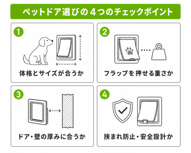 ペットドア選びの4つのチェックポイントを示す図解。体格との適合、フラップの重さ、厚みの適合、安全設計を番号付きで並べる。