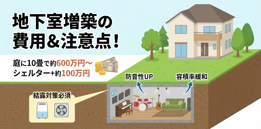 地下室リフォームの費用相場（庭に10畳で約600万円～）と、防音や容積率緩和のメリット、結露対策などの注意点をまとめた解説イラスト