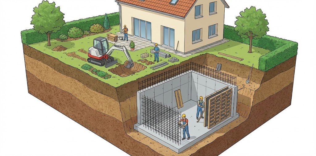 庭への地下シェルター増築工事のイメージ。防災用地下室のリフォーム施工風景