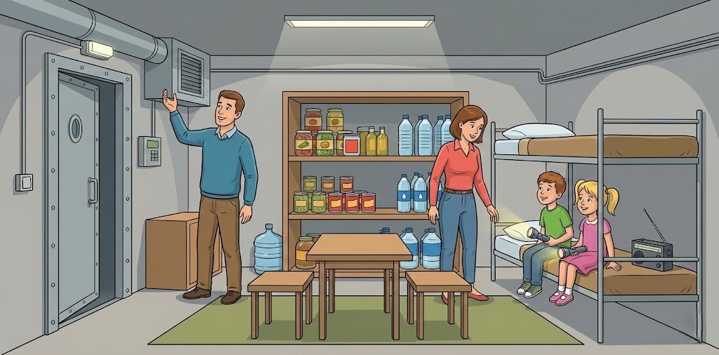 地下シェルターが完成して、試しに入ってみている4人家族のイラスト