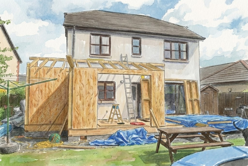 戸建ての増築工事中のイラスト