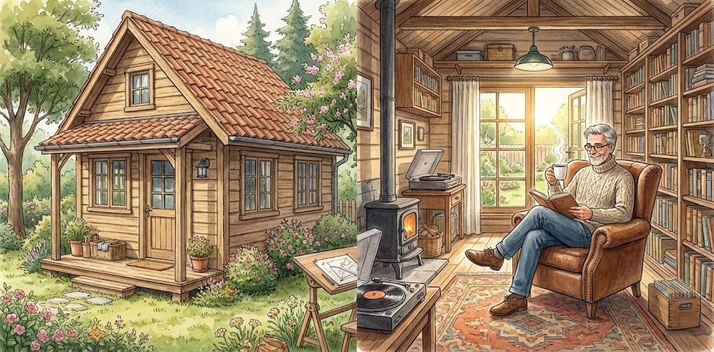 左側は緑豊かな庭に建つ、赤い屋根の木造の離れの外観。右側はその内部で、眼鏡をかけた50代の男性が革張りの椅子に座り、本を読みながらコーヒーを飲んでくつろいでいる水彩画のイラスト。部屋には本棚、薪ストーブ、レコードプレーヤーがあり、大きな窓から日差しが差し込んでいる
