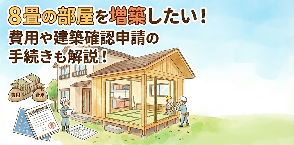 「8畳の部屋を増築したい！費用や建築確認申請の手続きも解説！」というタイトルとともに、木造の増築工事の様子、作業員、費用、建築確認申請書類を描いた水彩風イラストのサムネイル画像